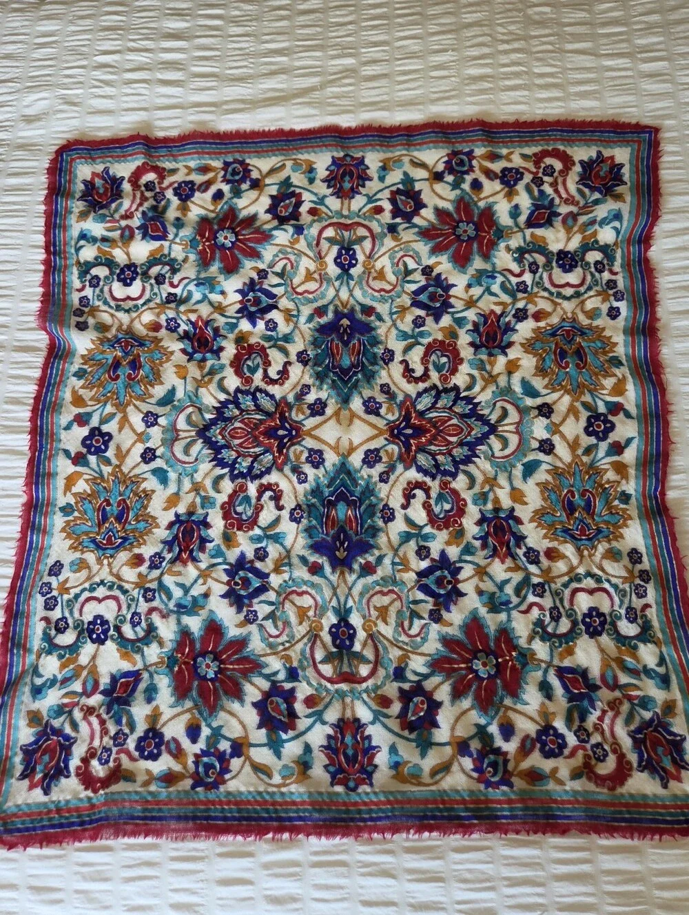vintage wool square scarf persian floral paisley fringed raw hem red teal